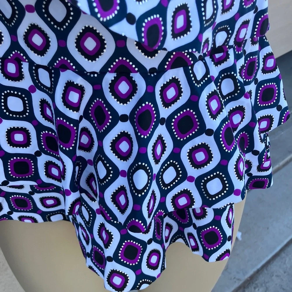 Swim Solutions Black White and Purple Geometric One Piece Swimdress - Picture 7 of 10